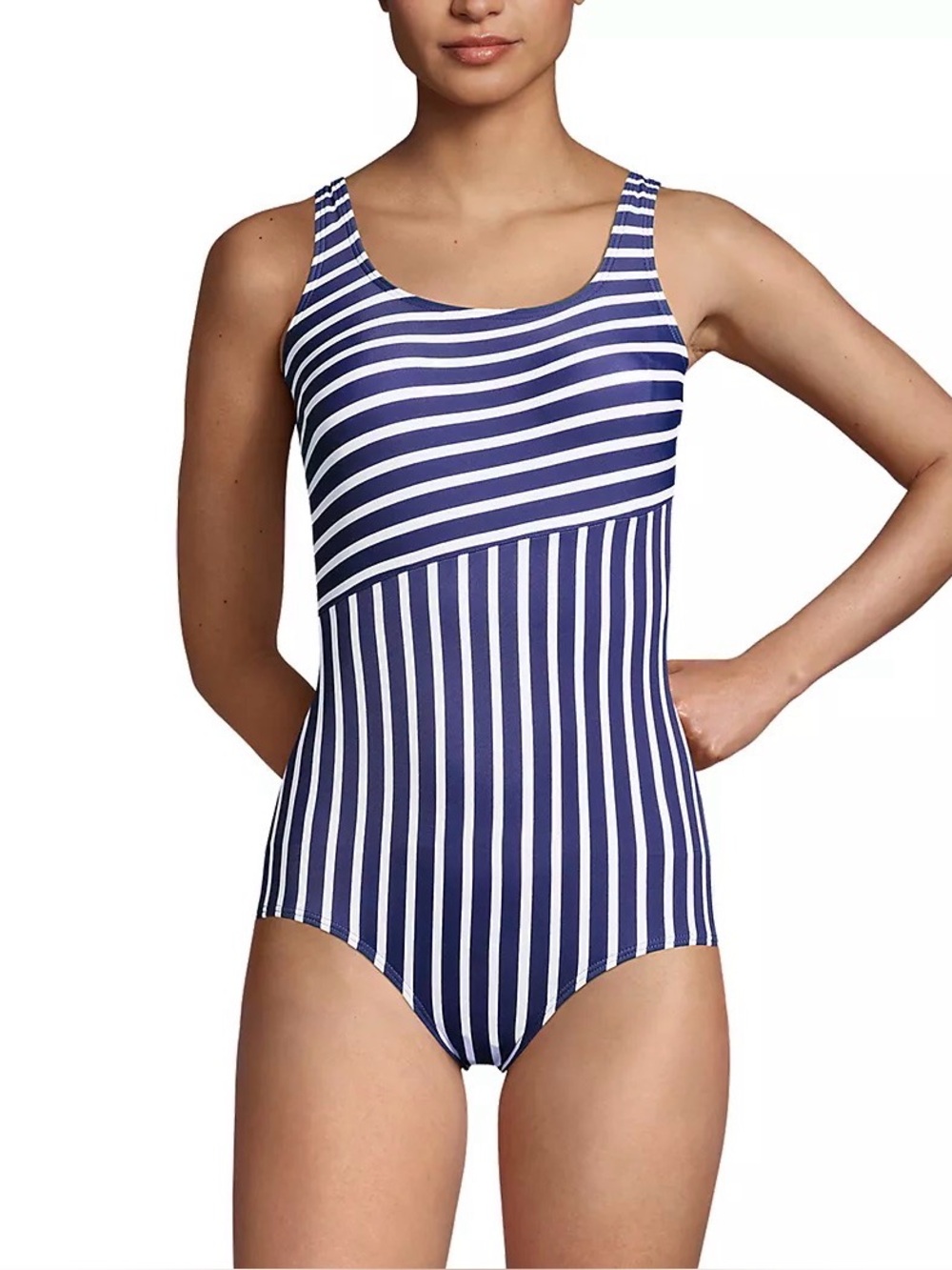Lands End One Piece Swimsuit Slimming Asymmetric Stripe 8 Long Tall Navy Whit3